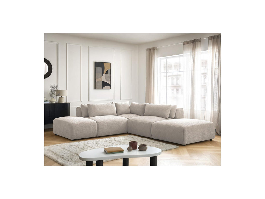 Jana - Canapé D'Angle Fixe Modulable Avec Têtières - Tissu Texturé Avec 2 Chauffeuses, 1 Angle Et 2 Poufs - Réversible