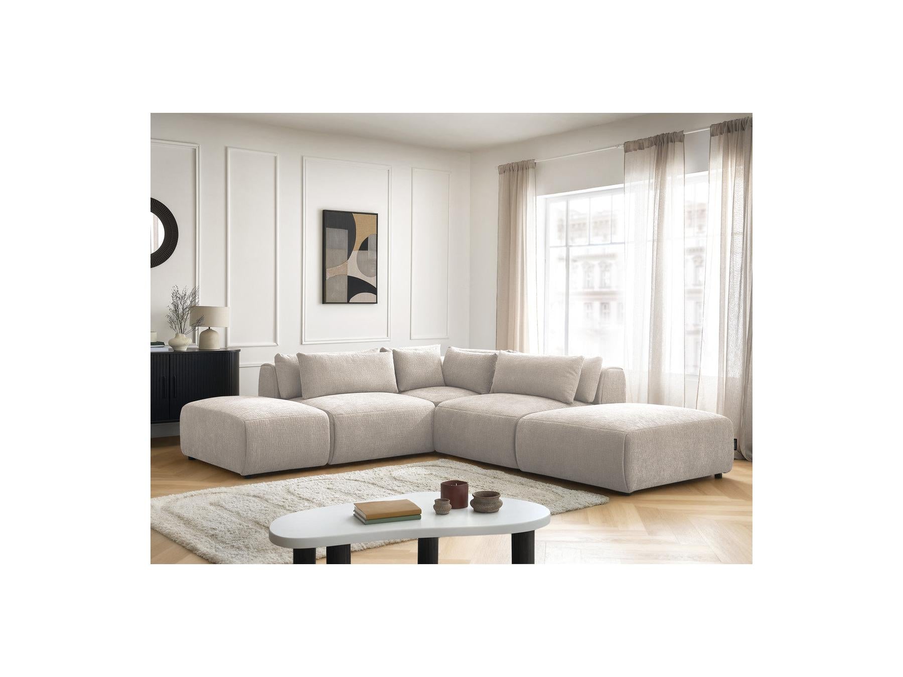 Jana - Canapé D'Angle Fixe Modulable Avec Têtières - Tissu Texturé Avec 2 Chauffeuses, 1 Angle Et 2 Poufs - Réversible