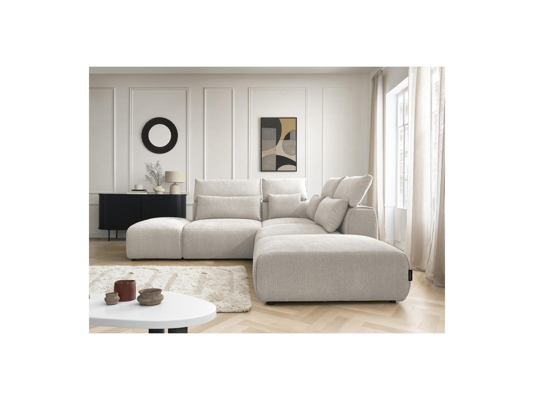 Jana - Canapé D'Angle Fixe Modulable Avec Têtières - Tissu Texturé Avec 2 Chauffeuses, 1 Angle Et 2 Poufs - Réversible