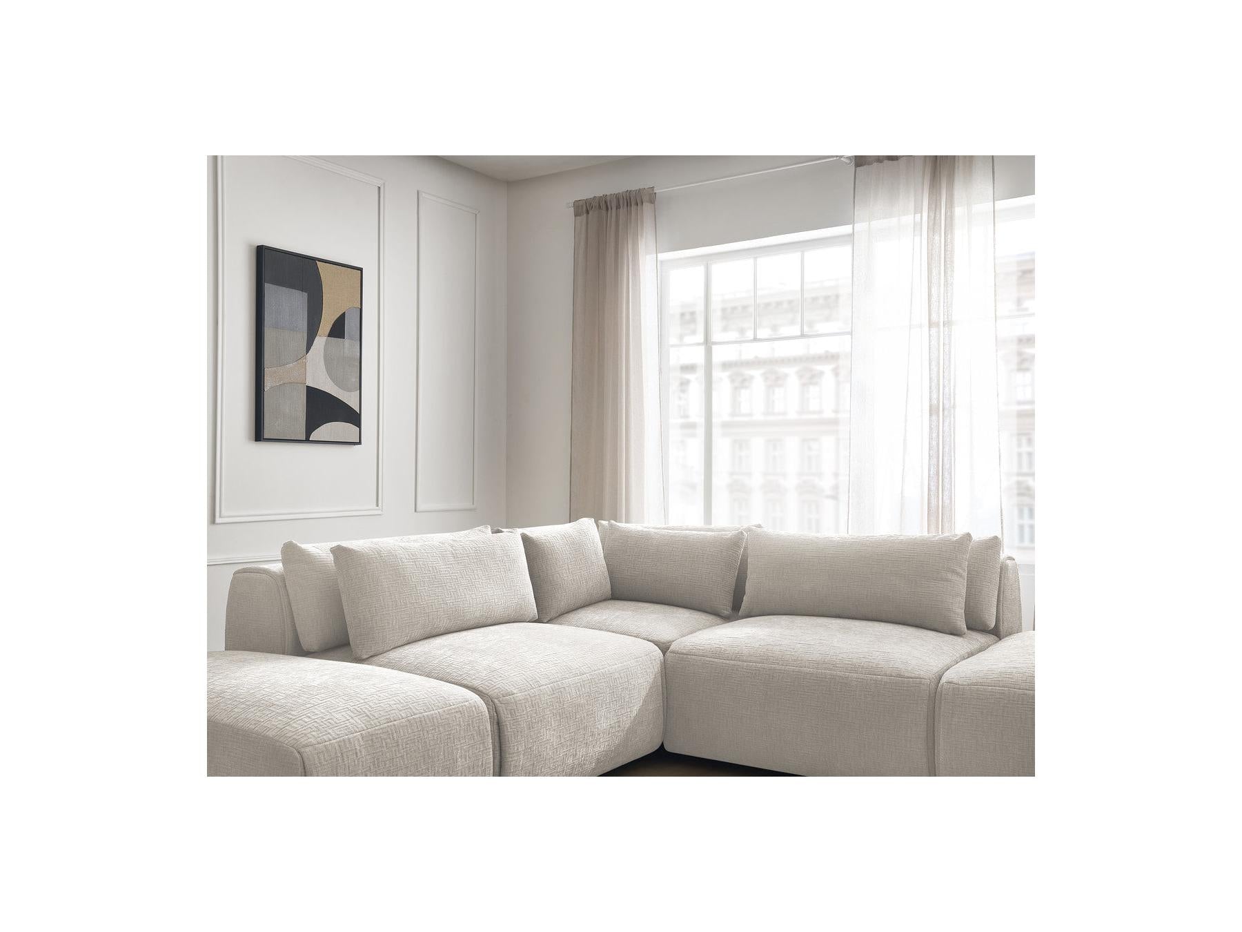 Jana - Canapé D'Angle Fixe Modulable Avec Têtières - Tissu Texturé Avec 2 Chauffeuses, 1 Angle Et 2 Poufs - Réversible