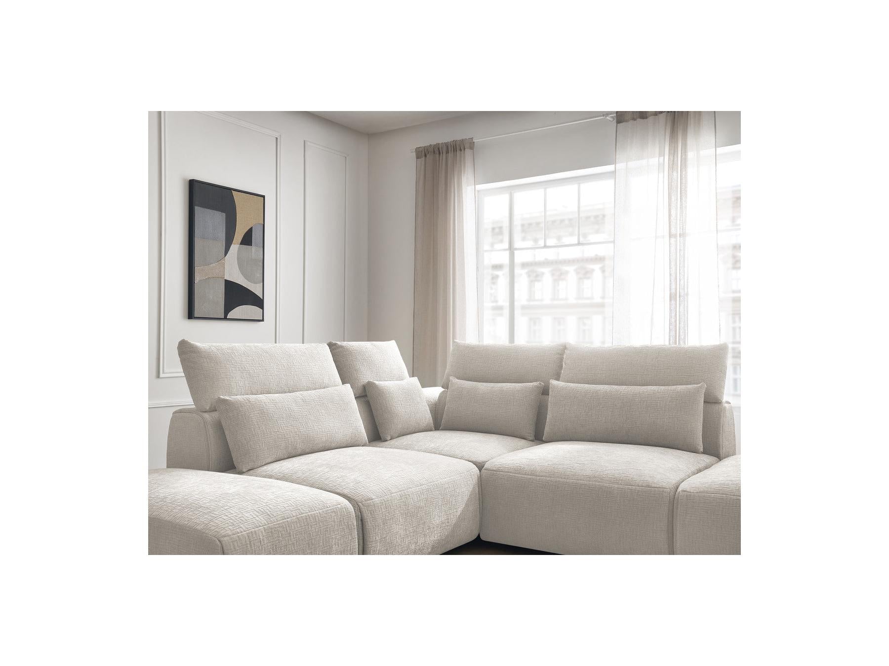 Jana - Canapé D'Angle Fixe Modulable Avec Têtières - Tissu Texturé Avec 2 Chauffeuses, 1 Angle Et 2 Poufs - Réversible