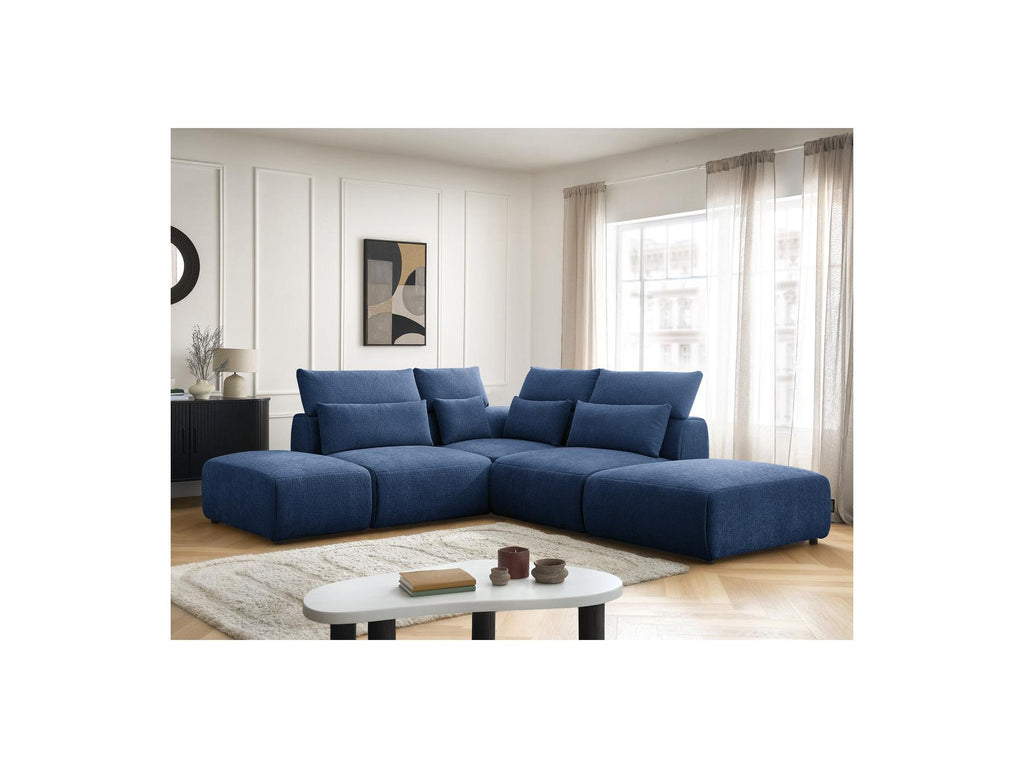 Jana - Canapé D'Angle Fixe Modulable Avec Têtières - Tissu Texturé Avec 2 Chauffeuses, 1 Angle Et 2 Poufs - Réversible