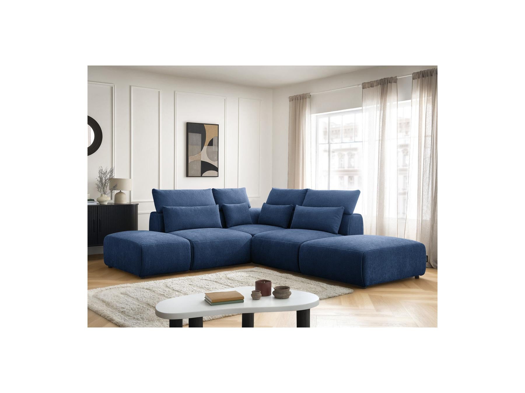 Jana - Canapé D'Angle Fixe Modulable Avec Têtières - Tissu Texturé Avec 2 Chauffeuses, 1 Angle Et 2 Poufs - Réversible