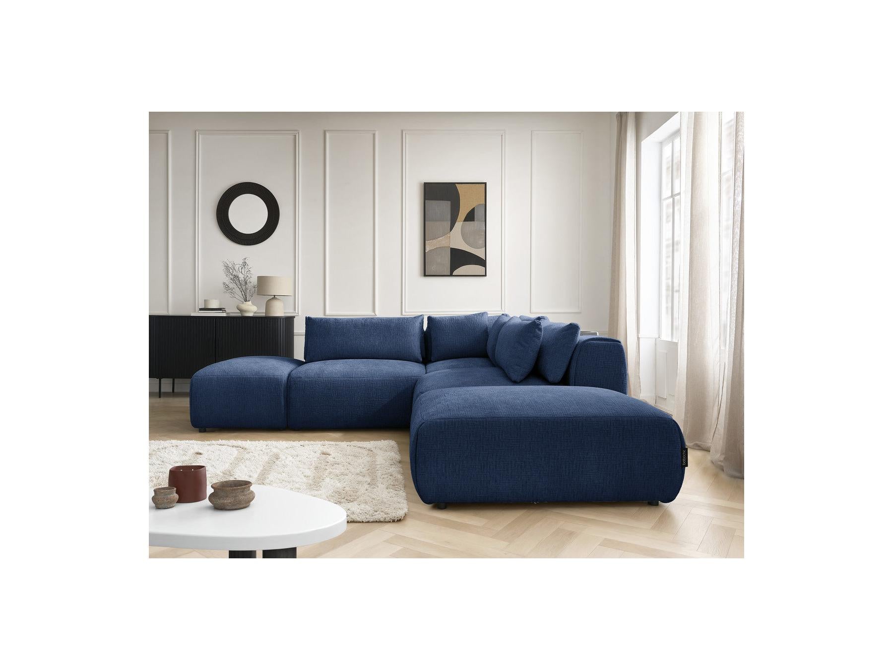 Jana - Canapé D'Angle Fixe Modulable Avec Têtières - Tissu Texturé Avec 2 Chauffeuses, 1 Angle Et 2 Poufs - Réversible