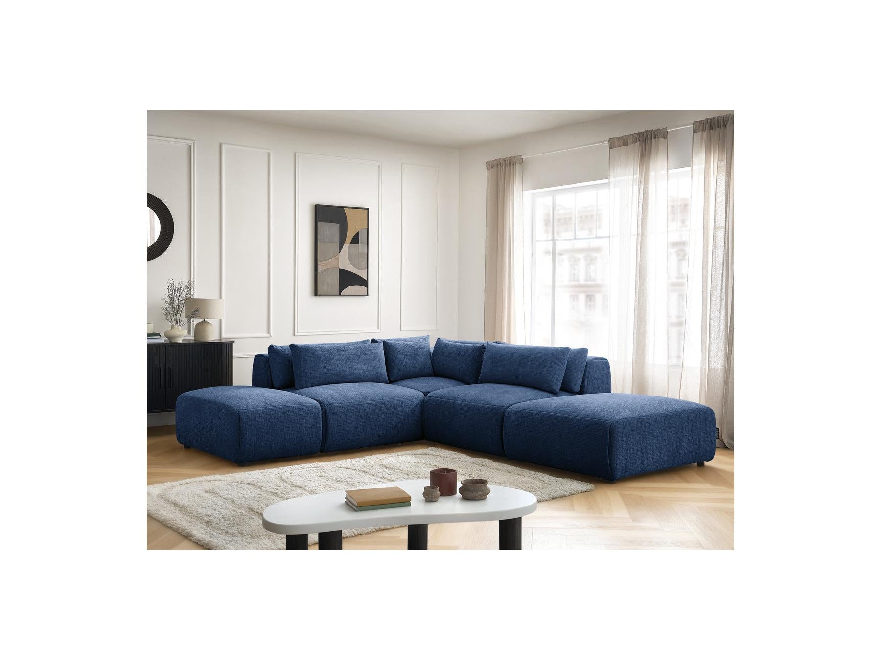 Jana - Canapé D'Angle Fixe Modulable Avec Têtières - Tissu Texturé Avec 2 Chauffeuses, 1 Angle Et 2 Poufs - Réversible