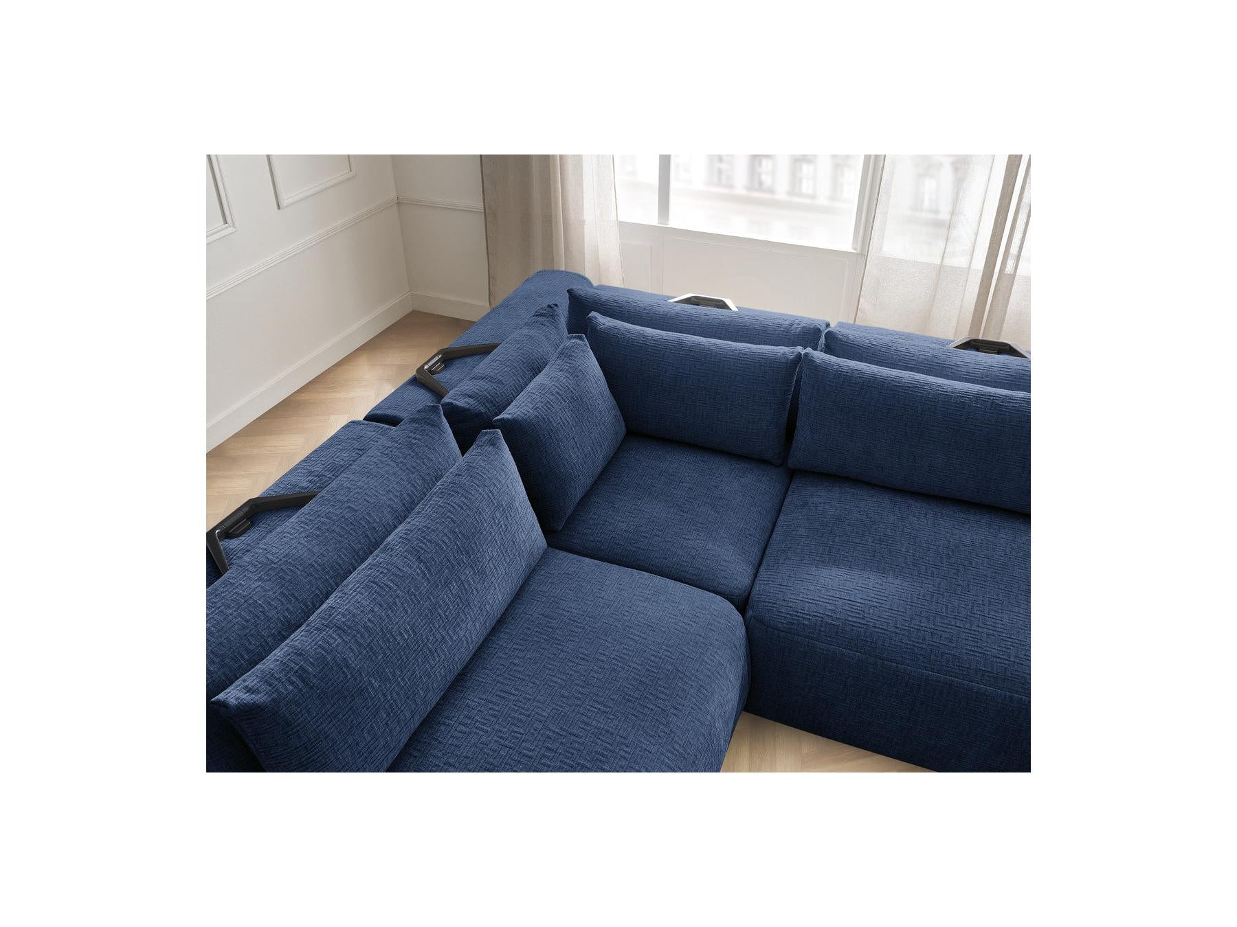 Jana - Canapé D'Angle Fixe Modulable Avec Têtières - Tissu Texturé Avec 2 Chauffeuses, 1 Angle Et 2 Poufs - Réversible