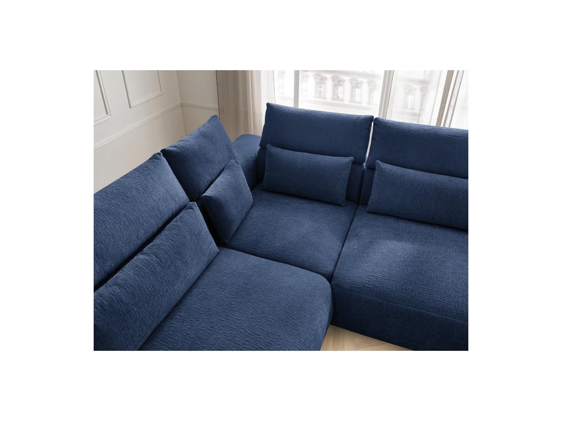 Jana - Canapé D'Angle Fixe Modulable Avec Têtières - Tissu Texturé Avec 2 Chauffeuses, 1 Angle Et 2 Poufs - Réversible