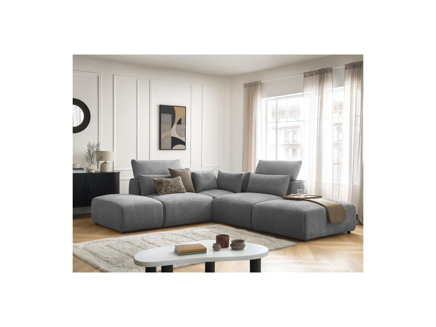 Jana - Canapé D'Angle Fixe Modulable Avec Têtières - Tissu Texturé Avec 2 Chauffeuses, 1 Angle Et 2 Poufs - Réversible