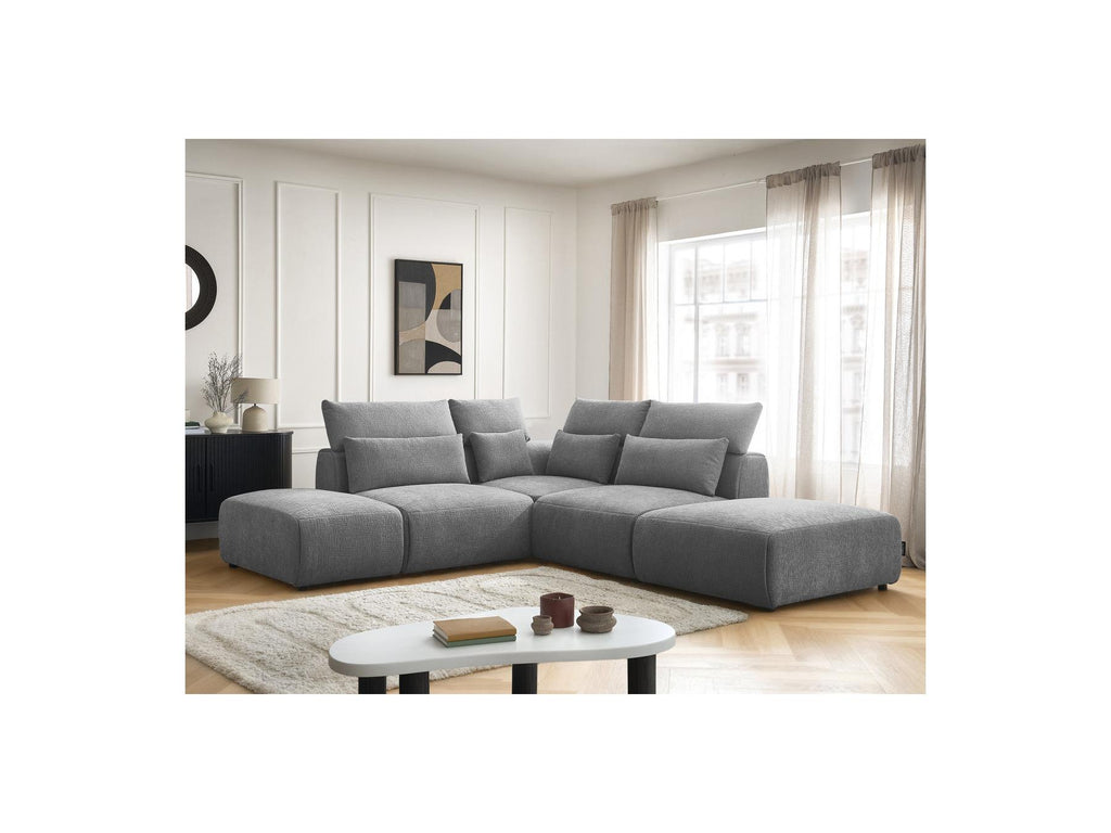 Jana - Canapé D'Angle Fixe Modulable Avec Têtières - Tissu Texturé Avec 2 Chauffeuses, 1 Angle Et 2 Poufs - Réversible