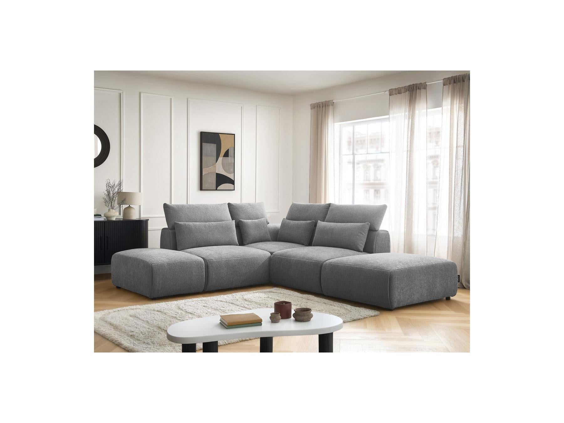 Jana - Canapé D'Angle Fixe Modulable Avec Têtières - Tissu Texturé Avec 2 Chauffeuses, 1 Angle Et 2 Poufs - Réversible