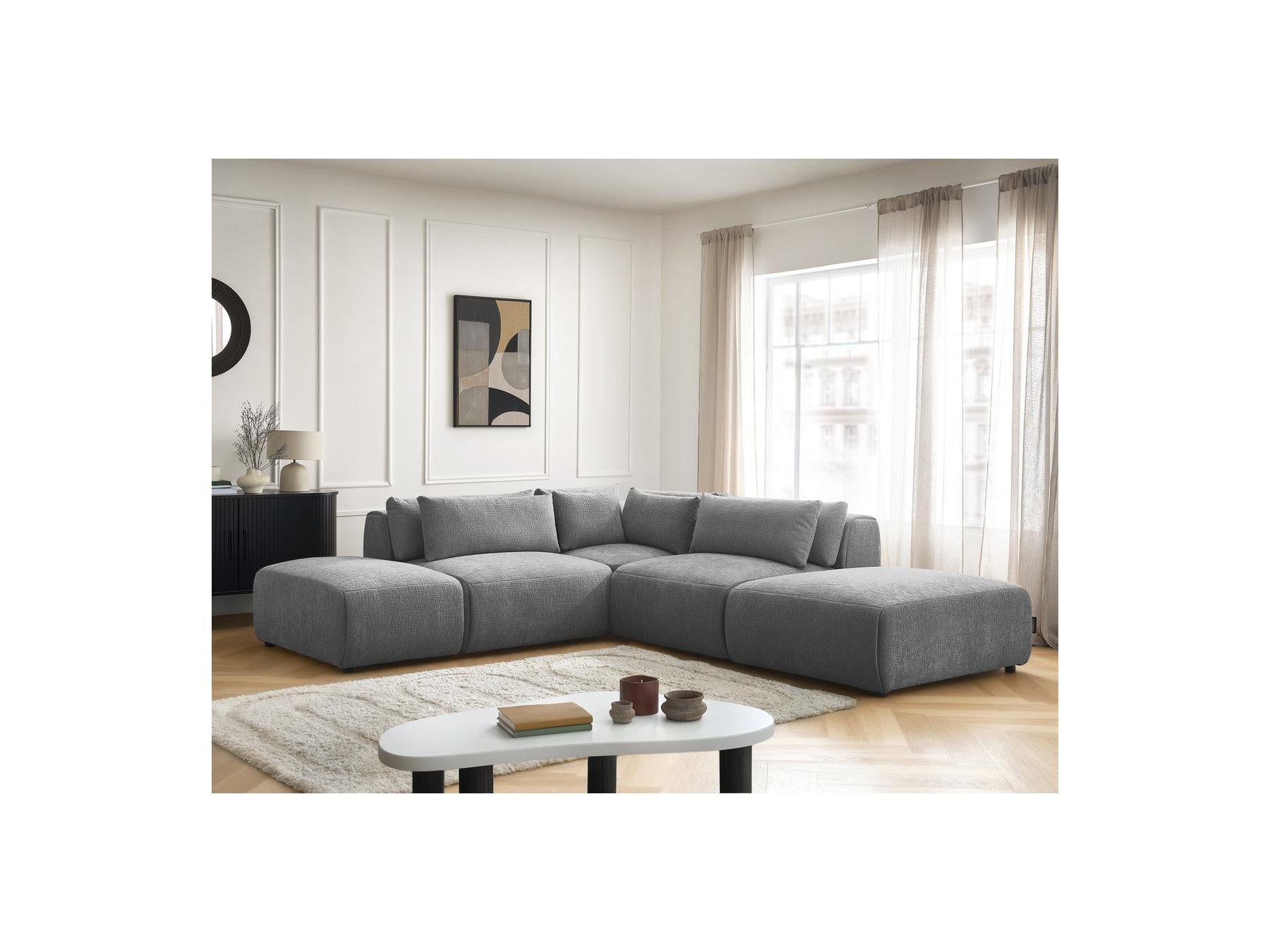 Jana - Canapé D'Angle Fixe Modulable Avec Têtières - Tissu Texturé Avec 2 Chauffeuses, 1 Angle Et 2 Poufs - Réversible