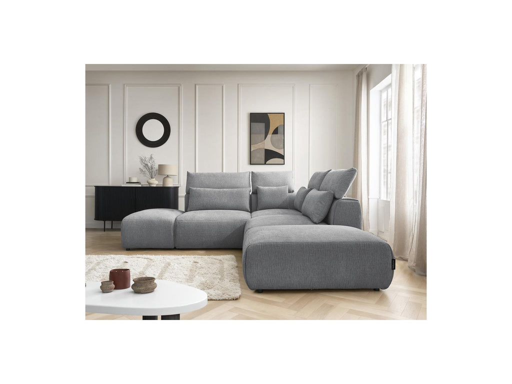 Jana - Canapé D'Angle Fixe Modulable Avec Têtières - Tissu Texturé Avec 2 Chauffeuses, 1 Angle Et 2 Poufs - Réversible