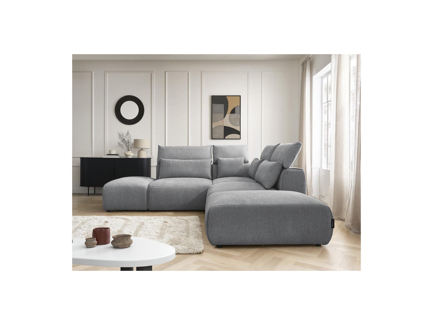 Jana - Canapé D'Angle Fixe Modulable Avec Têtières - Tissu Texturé Avec 2 Chauffeuses, 1 Angle Et 2 Poufs - Réversible