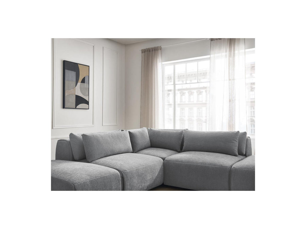 Jana - Canapé D'Angle Fixe Modulable Avec Têtières - Tissu Texturé Avec 2 Chauffeuses, 1 Angle Et 2 Poufs - Réversible
