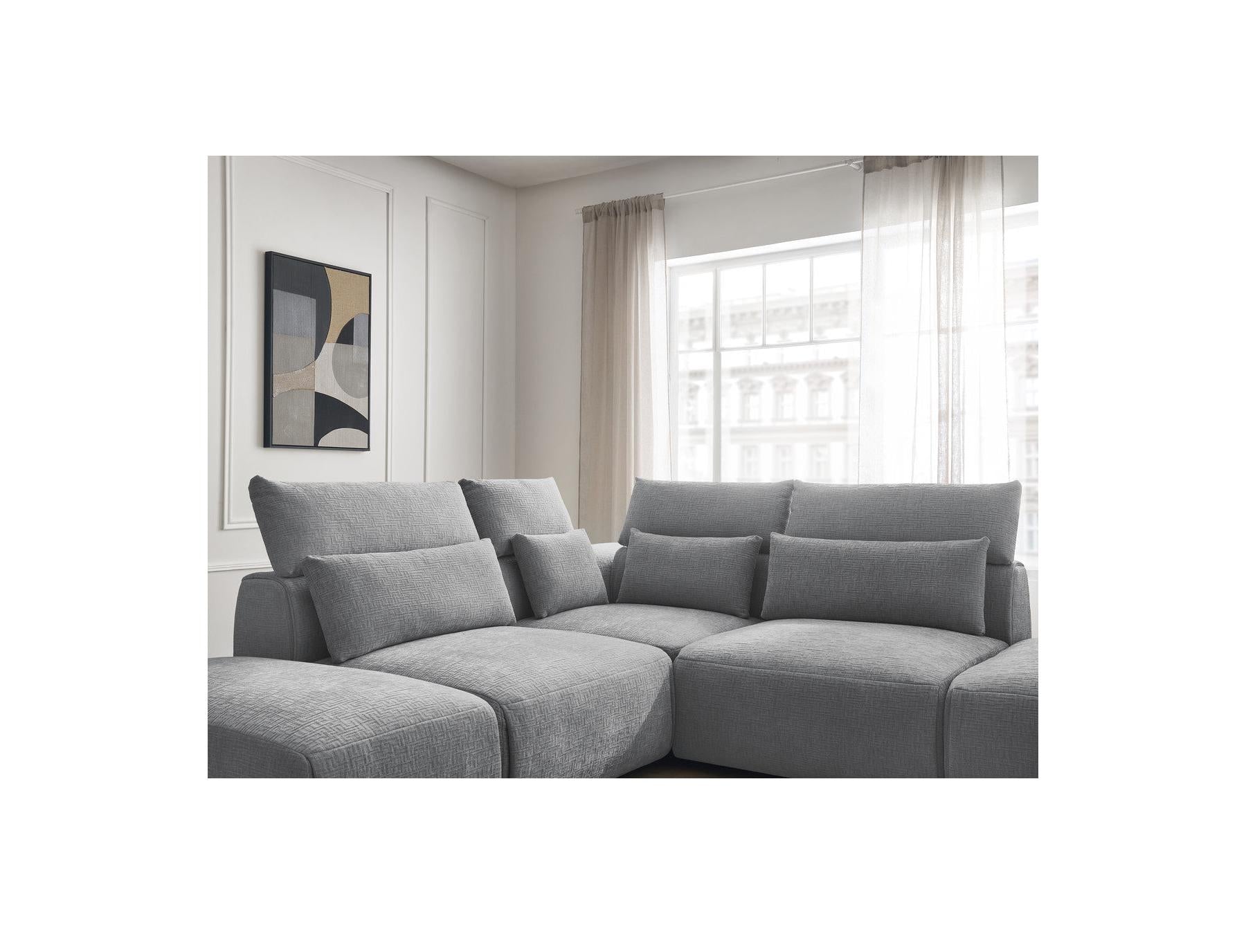 Jana - Canapé D'Angle Fixe Modulable Avec Têtières - Tissu Texturé Avec 2 Chauffeuses, 1 Angle Et 2 Poufs - Réversible