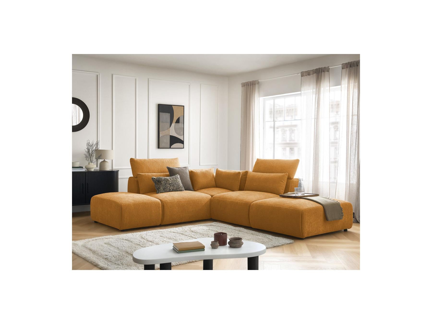 Jana - Canapé D'Angle Fixe Modulable Avec Têtières - Tissu Texturé Avec 2 Chauffeuses, 1 Angle Et 2 Poufs - Réversible