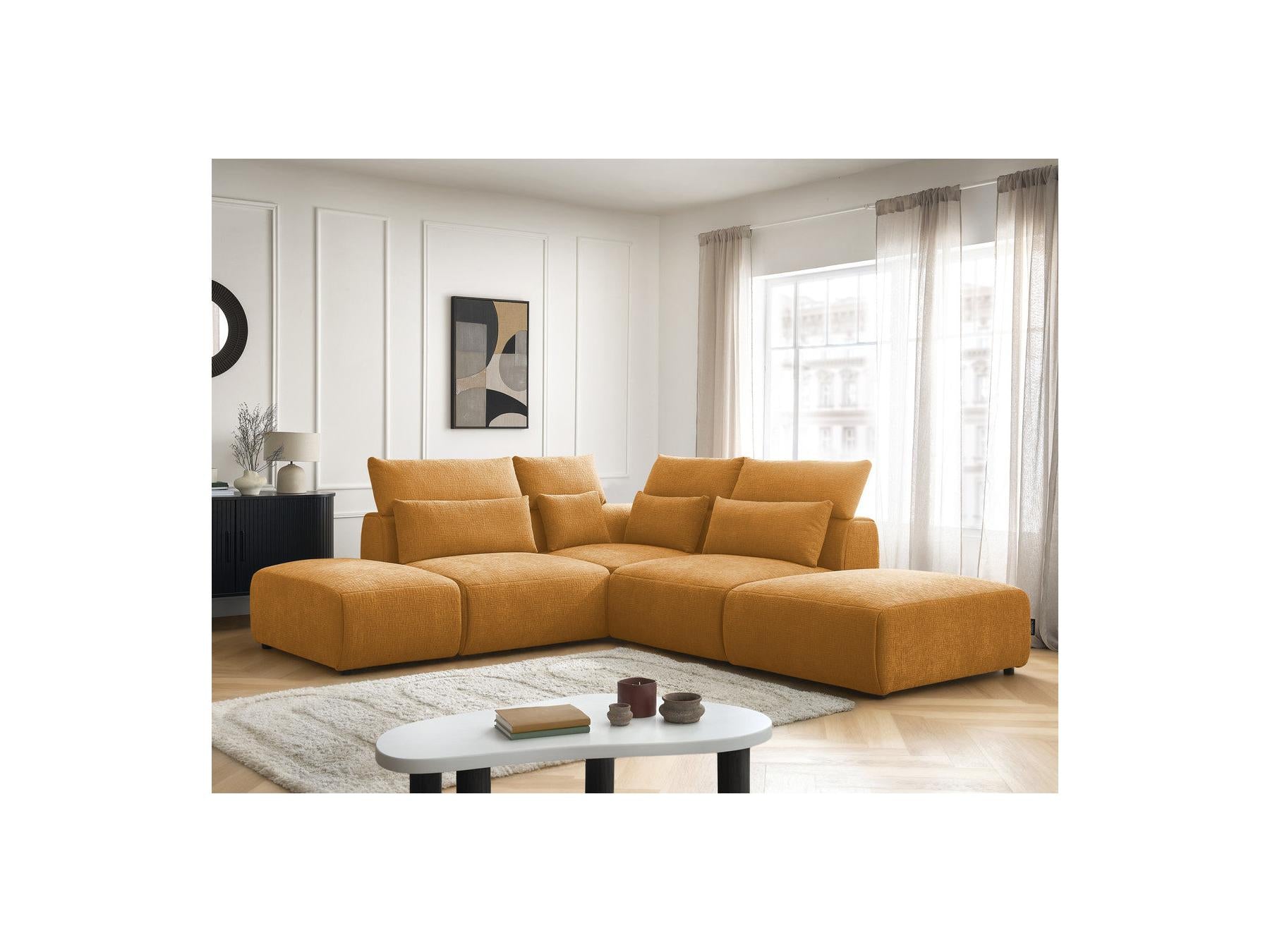 Jana - Canapé D'Angle Fixe Modulable Avec Têtières - Tissu Texturé Avec 2 Chauffeuses, 1 Angle Et 2 Poufs - Réversible