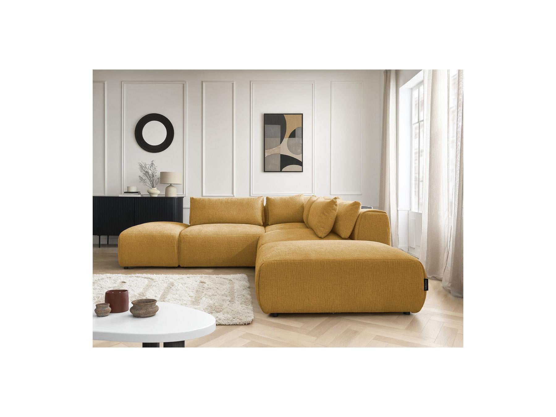Jana - Canapé D'Angle Fixe Modulable Avec Têtières - Tissu Texturé Avec 2 Chauffeuses, 1 Angle Et 2 Poufs - Réversible