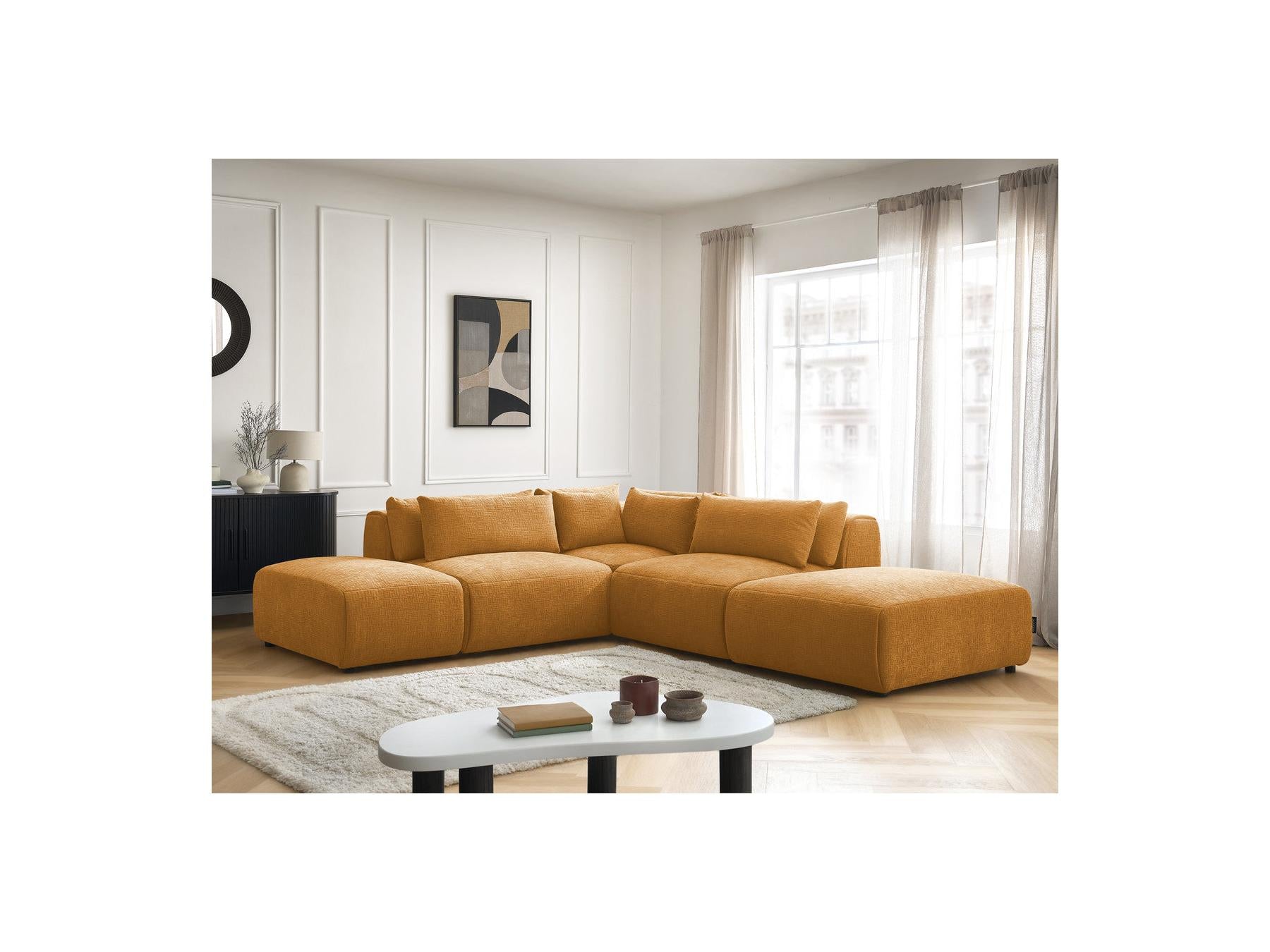 Jana - Canapé D'Angle Fixe Modulable Avec Têtières - Tissu Texturé Avec 2 Chauffeuses, 1 Angle Et 2 Poufs - Réversible