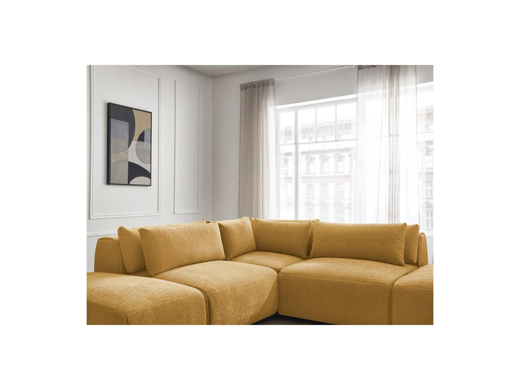 Jana - Canapé D'Angle Fixe Modulable Avec Têtières - Tissu Texturé Avec 2 Chauffeuses, 1 Angle Et 2 Poufs - Réversible