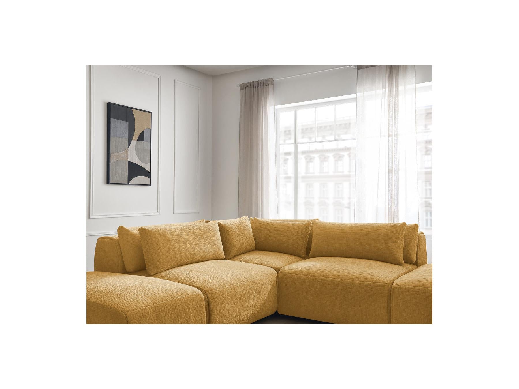 Jana - Canapé D'Angle Fixe Modulable Avec Têtières - Tissu Texturé Avec 2 Chauffeuses, 1 Angle Et 2 Poufs - Réversible