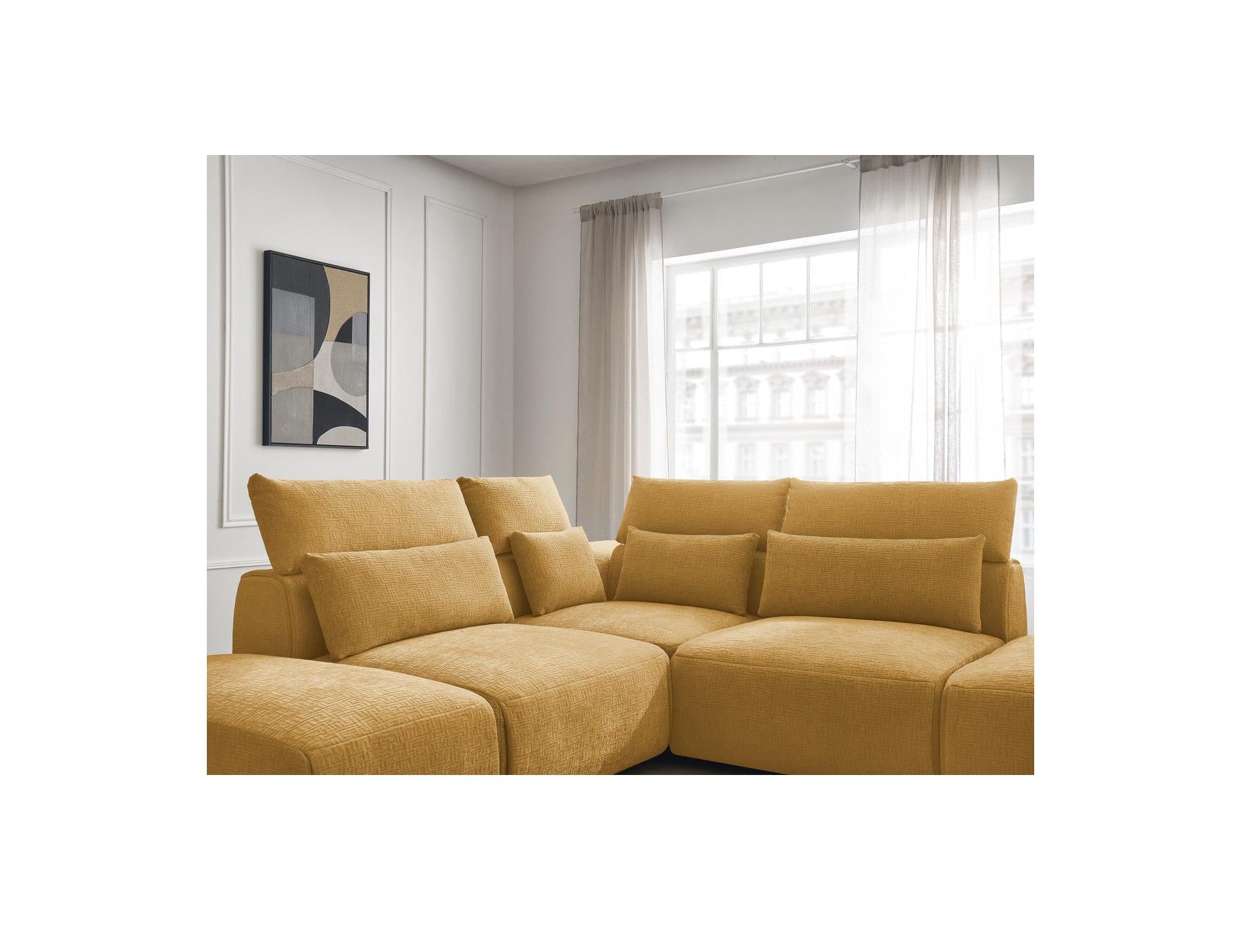 Jana - Canapé D'Angle Fixe Modulable Avec Têtières - Tissu Texturé Avec 2 Chauffeuses, 1 Angle Et 2 Poufs - Réversible