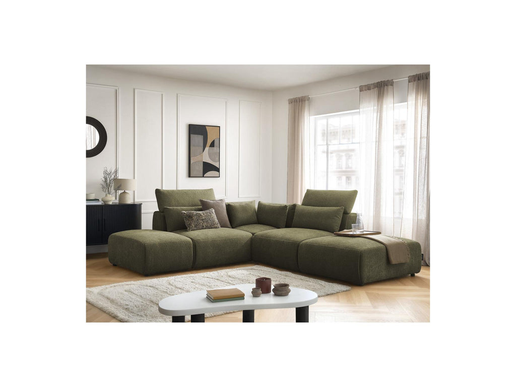 Jana - Canapé D'Angle Fixe Modulable Avec Têtières - Tissu Texturé Avec 2 Chauffeuses, 1 Angle Et 2 Poufs - Réversible