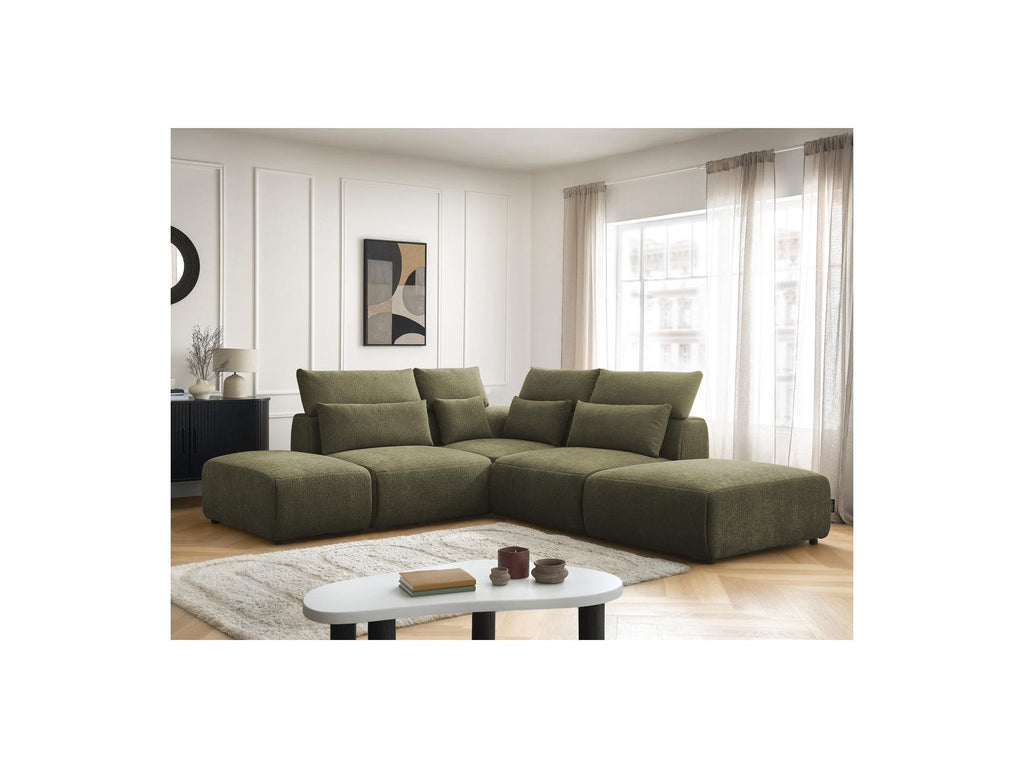 Jana - Canapé D'Angle Fixe Modulable Avec Têtières - Tissu Texturé Avec 2 Chauffeuses, 1 Angle Et 2 Poufs - Réversible