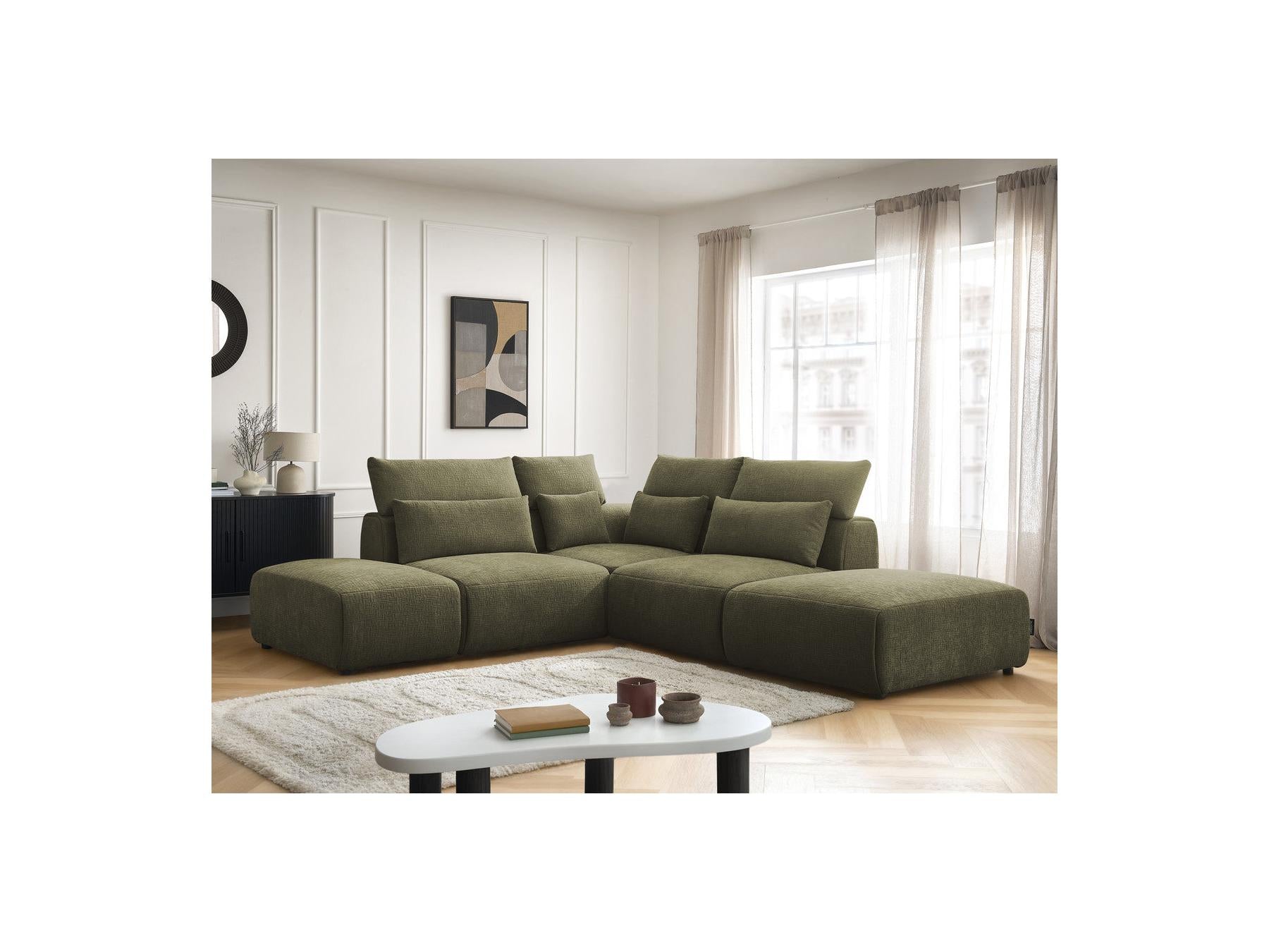 Jana - Canapé D'Angle Fixe Modulable Avec Têtières - Tissu Texturé Avec 2 Chauffeuses, 1 Angle Et 2 Poufs - Réversible