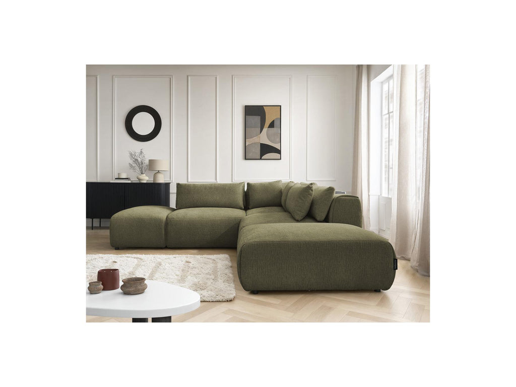 Jana - Canapé D'Angle Fixe Modulable Avec Têtières - Tissu Texturé Avec 2 Chauffeuses, 1 Angle Et 2 Poufs - Réversible