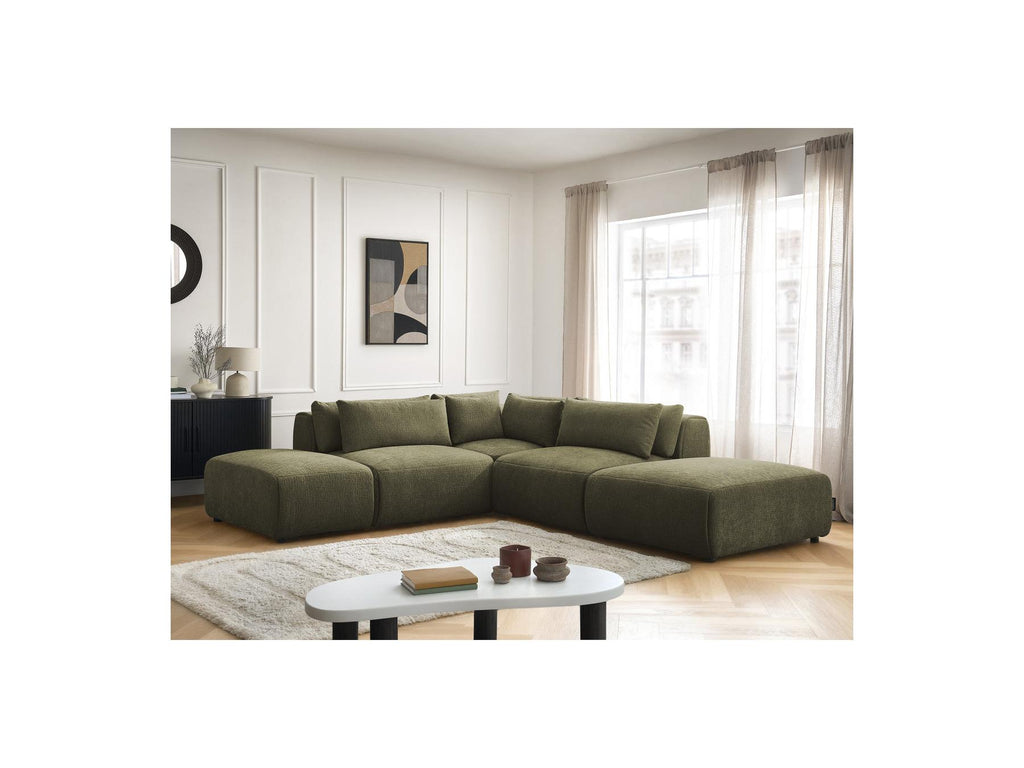 Jana - Canapé D'Angle Fixe Modulable Avec Têtières - Tissu Texturé Avec 2 Chauffeuses, 1 Angle Et 2 Poufs - Réversible