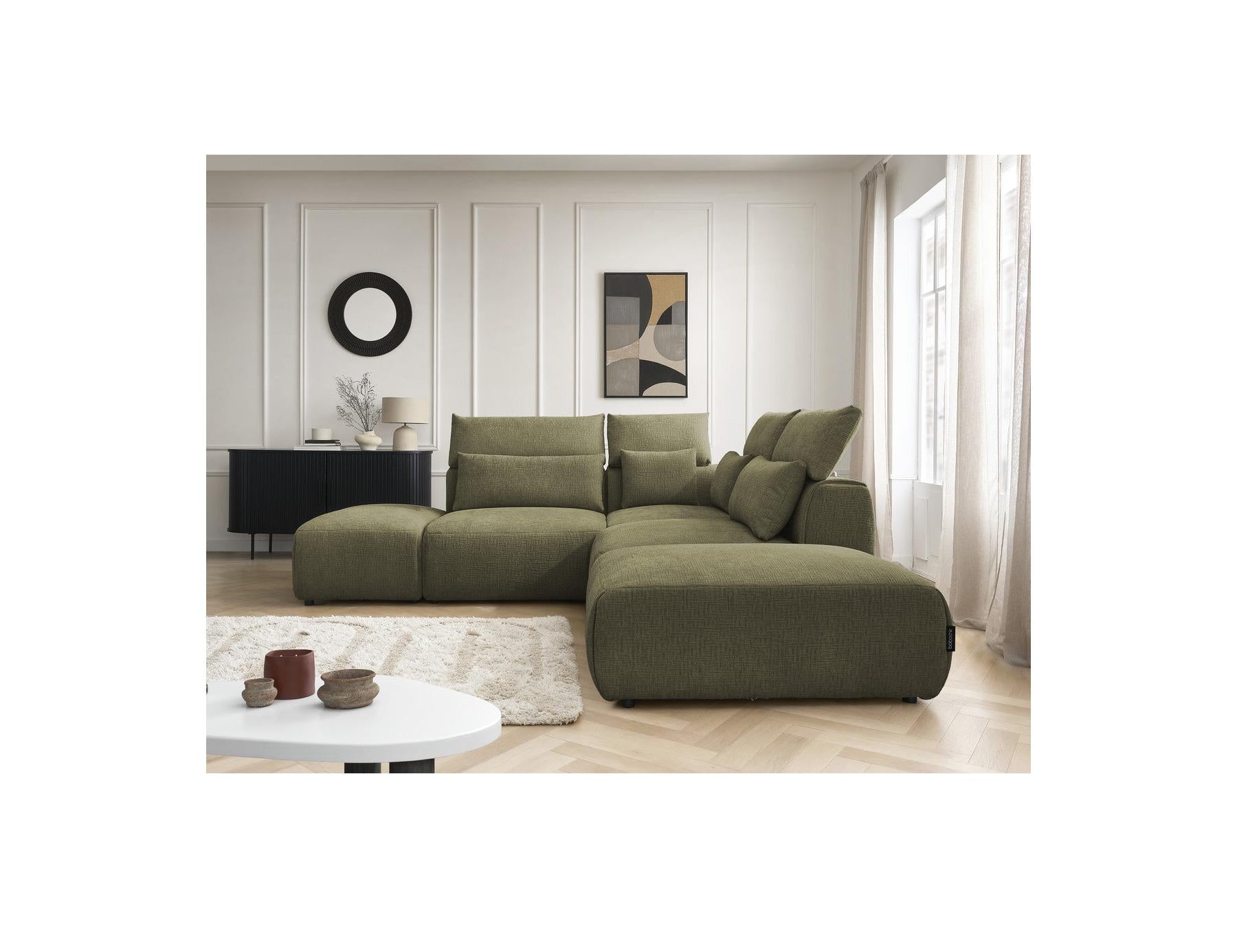 Jana - Canapé D'Angle Fixe Modulable Avec Têtières - Tissu Texturé Avec 2 Chauffeuses, 1 Angle Et 2 Poufs - Réversible
