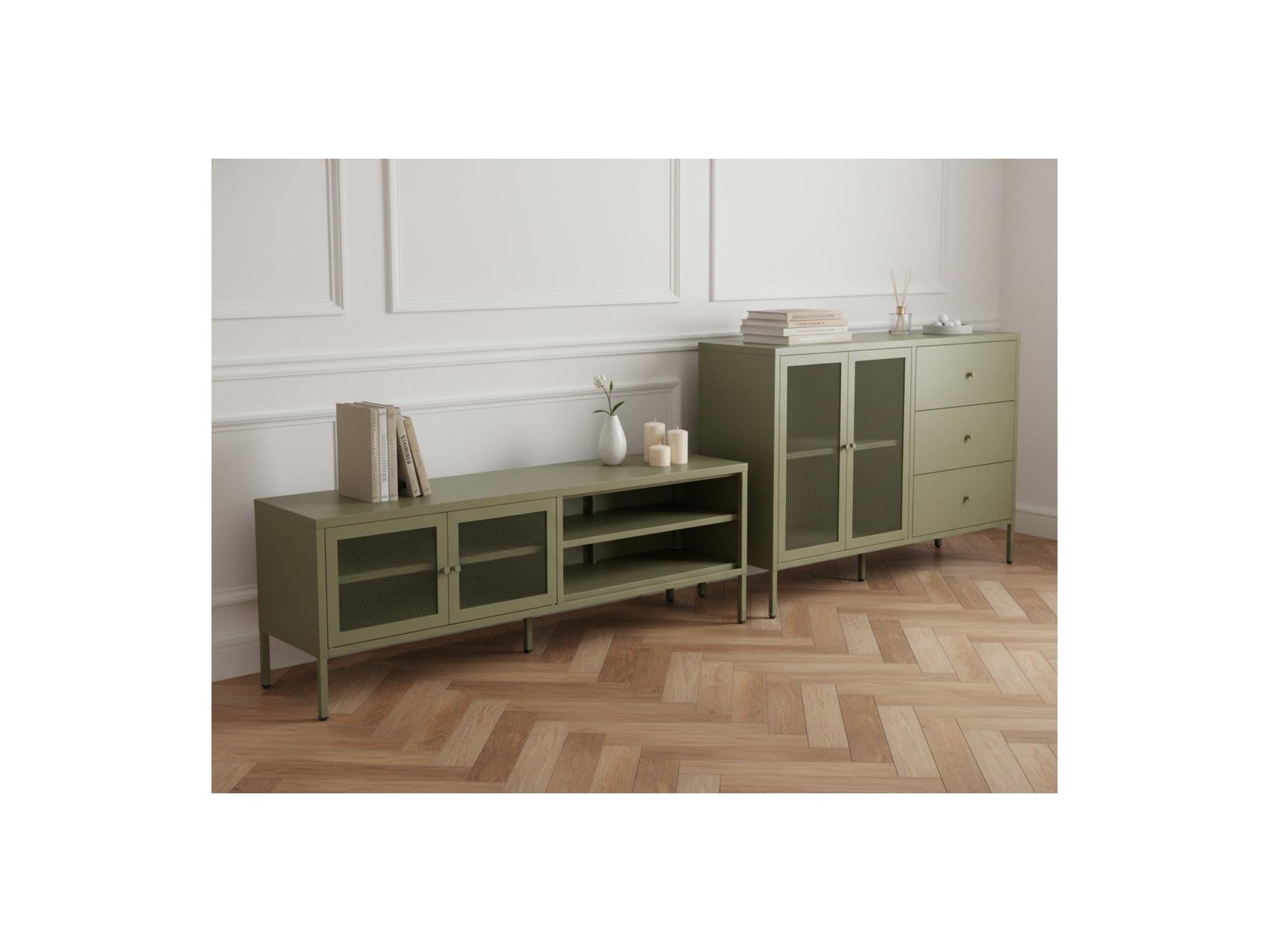 Clara - Metal TV Unit 2 Doors 2 Open Compartments 160 cm + Metal Sideboard 2 Doors 3 Drawers 140 cm Limited Edition