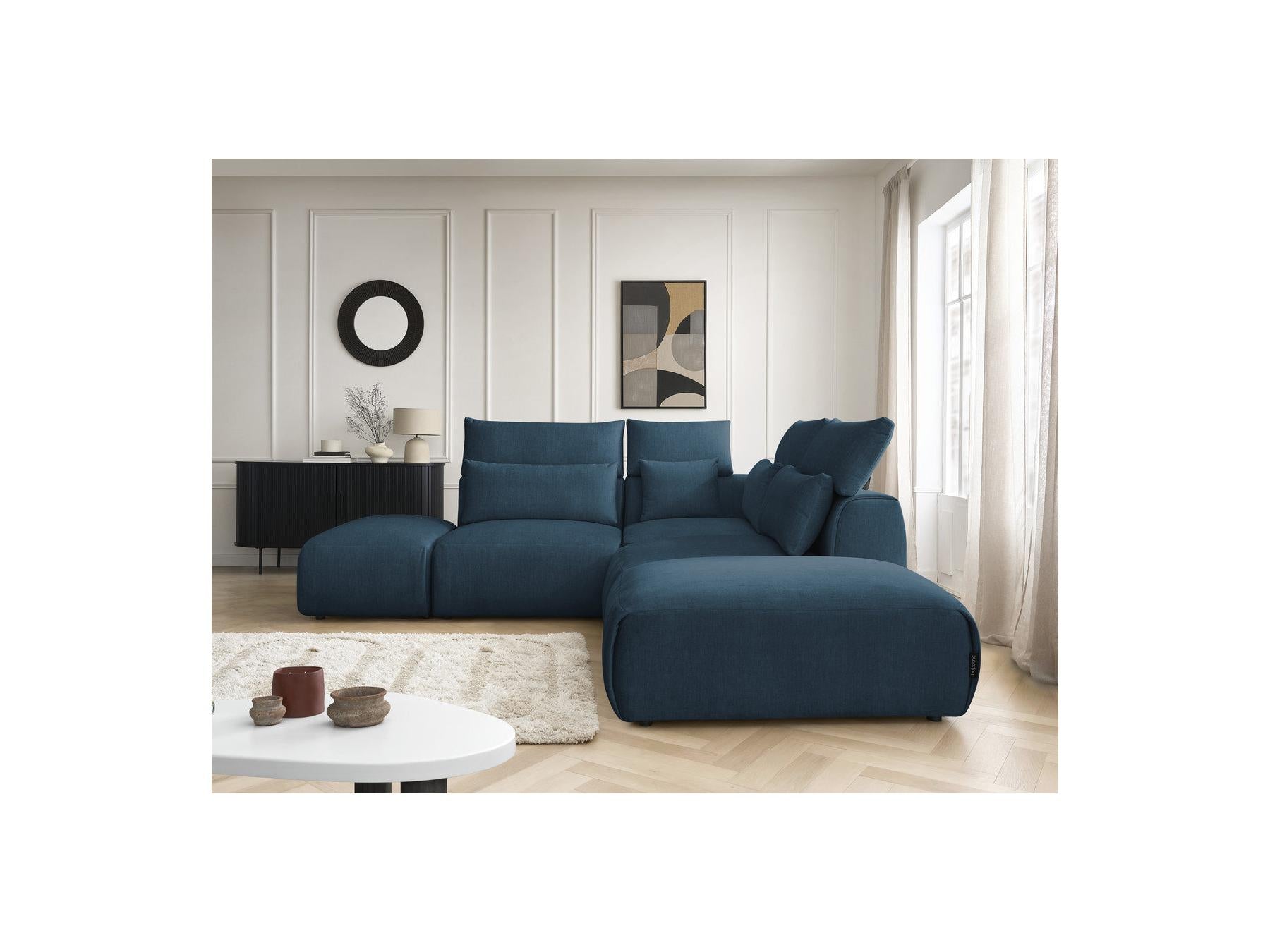 Jana - Canapé D'Angle Fixe Modulable Avec Têtières - Tissu Velours Avec 2 Chauffeuses, 1 Angle Et 2 Poufs - Réversible