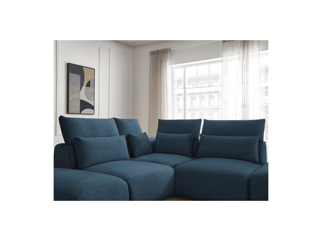 Jana - Canapé D'Angle Fixe Modulable Avec Têtières - Tissu Velours Avec 2 Chauffeuses, 1 Angle Et 2 Poufs - Réversible