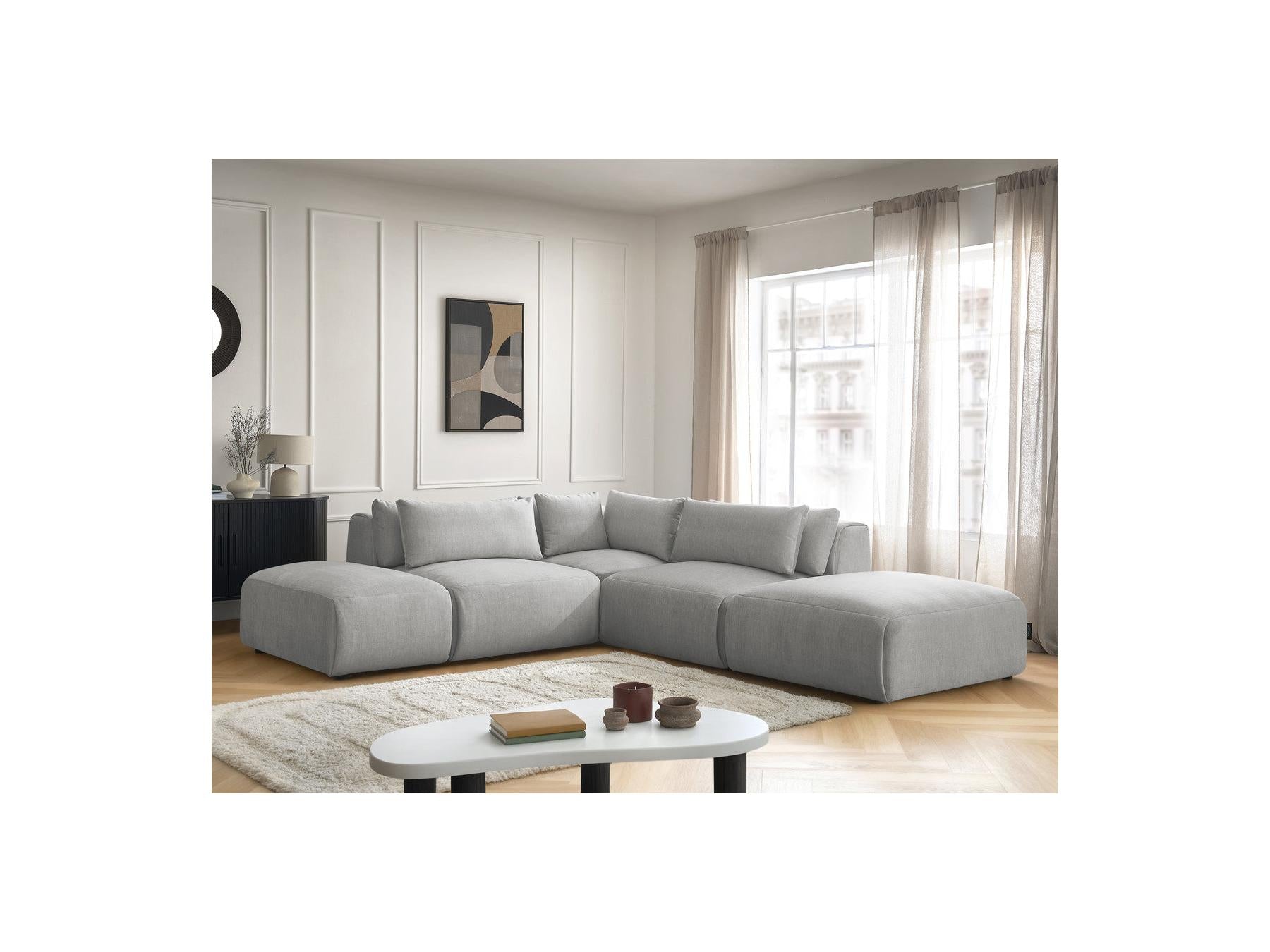 Jana - Canapé D'Angle Fixe Modulable Avec Têtières - Tissu Velours Avec 2 Chauffeuses, 1 Angle Et 2 Poufs - Réversible