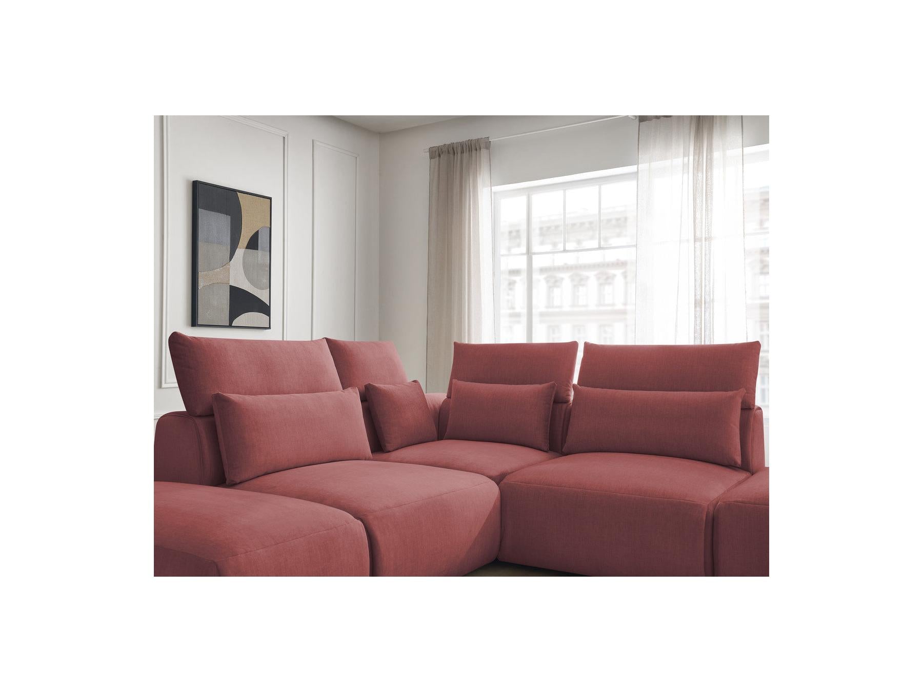Jana - Canapé D'Angle Fixe Modulable Avec Têtières - Tissu Velours Avec 2 Chauffeuses, 1 Angle Et 2 Poufs - Réversible