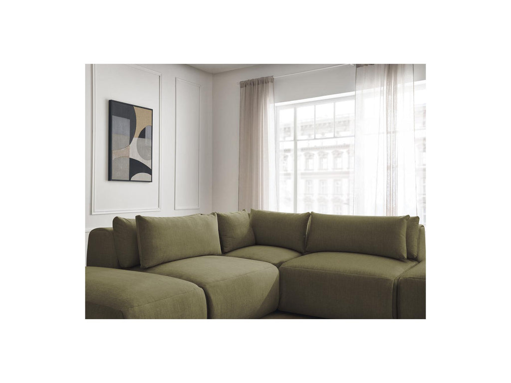 Jana - Canapé D'Angle Fixe Modulable Avec Têtières - Tissu Velours Avec 2 Chauffeuses, 1 Angle Et 2 Poufs - Réversible