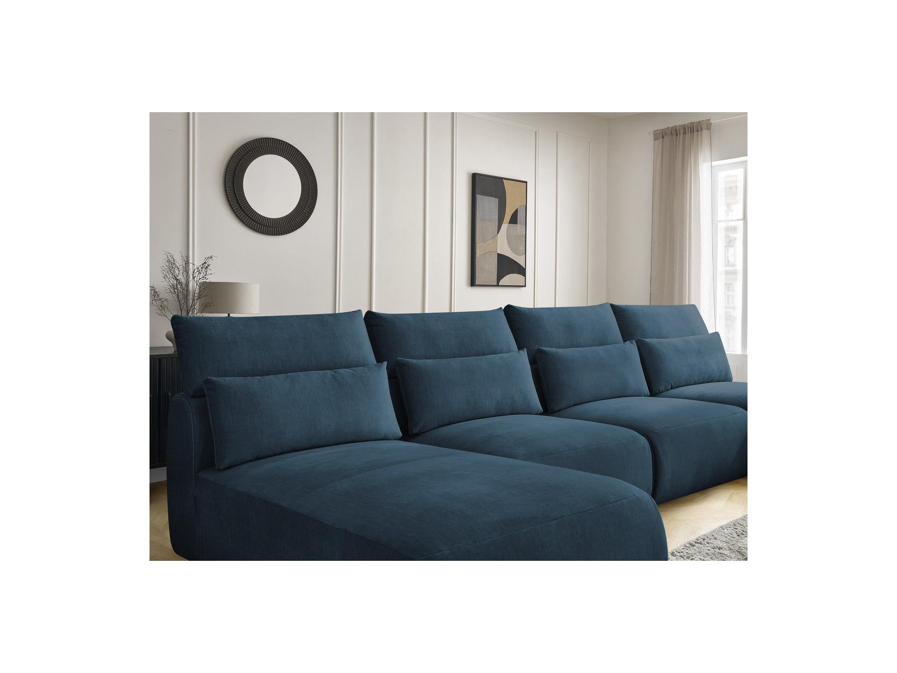 Jana - Canapé Panoramique Fixe Modulable Avec Têtières - Tissu Velours Avec 2 Méridiennes Et 2 Chauffeuses