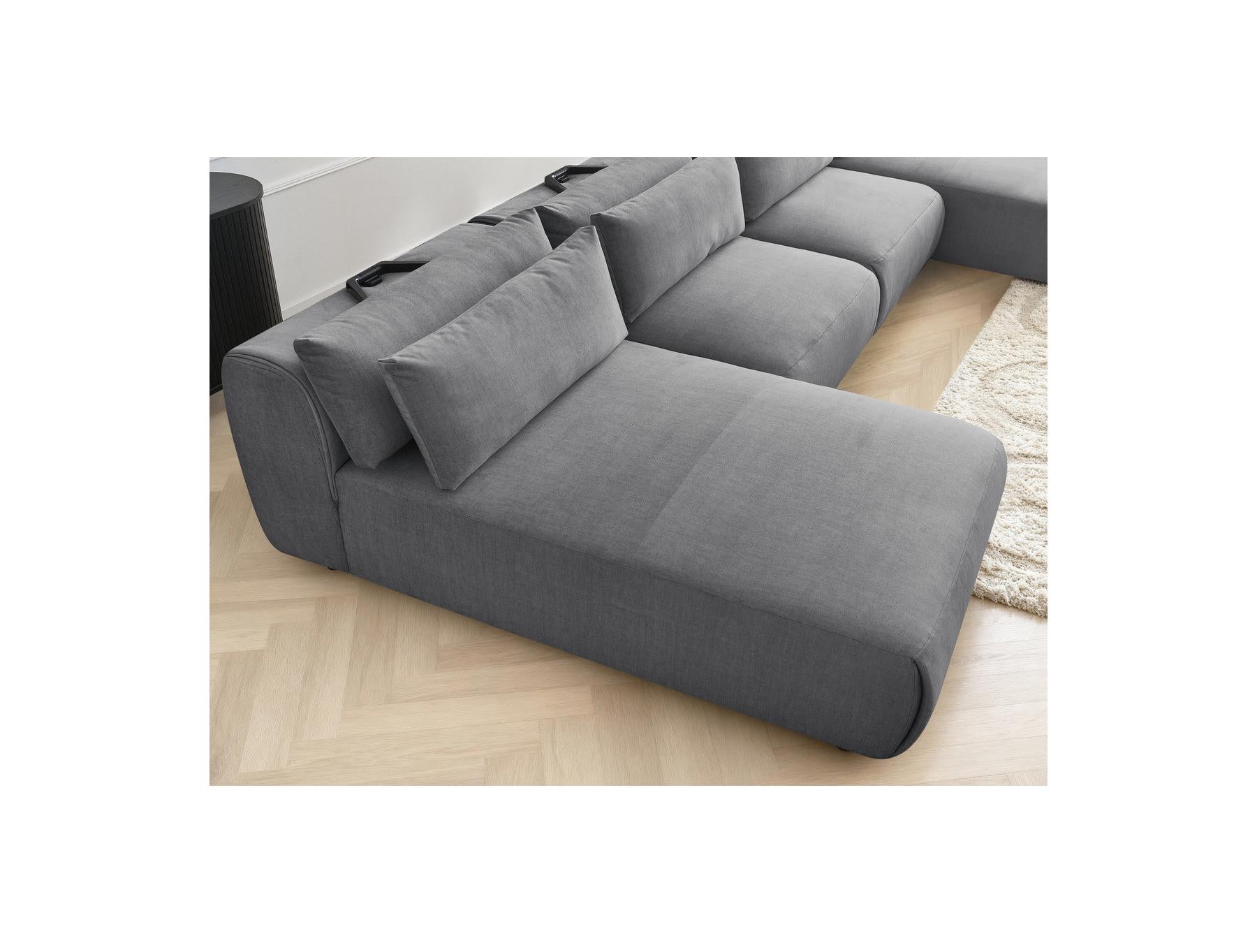 Jana - Canapé Panoramique Fixe Modulable Avec Têtières - Tissu Velours Avec 2 Méridiennes Et 2 Chauffeuses