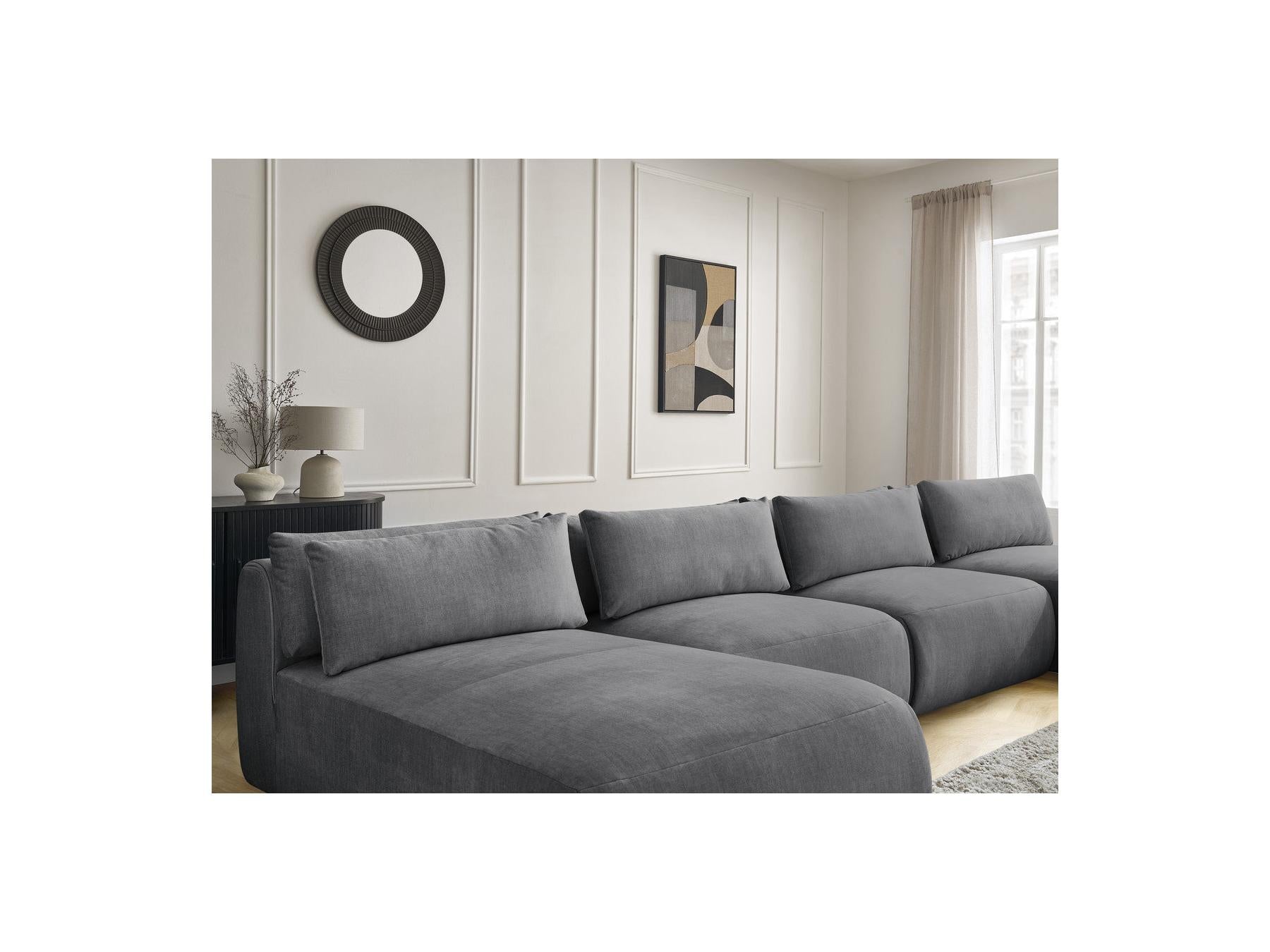 Jana - Canapé Panoramique Fixe Modulable Avec Têtières - Tissu Velours Avec 2 Méridiennes Et 2 Chauffeuses