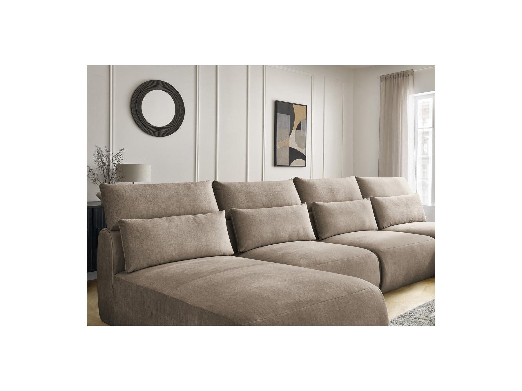 Jana - Canapé Panoramique Fixe Modulable Avec Têtières - Tissu Velours Avec 2 Méridiennes Et 2 Chauffeuses