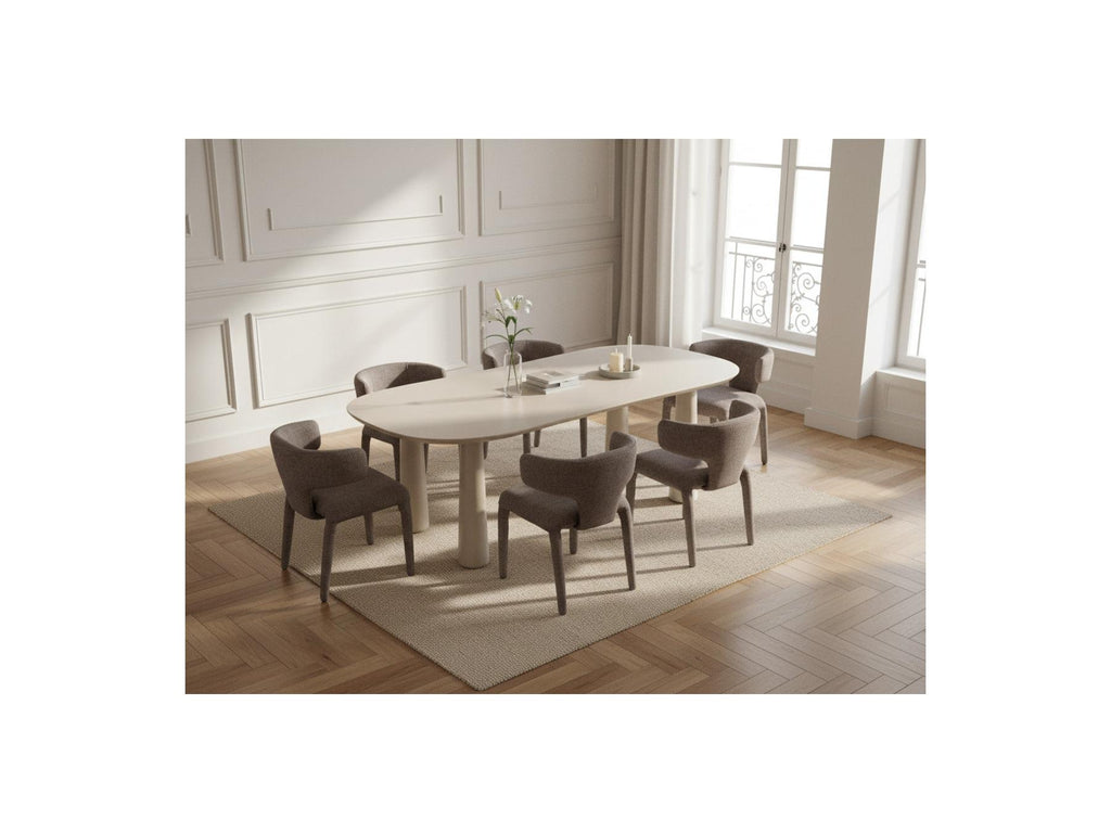 Sasha - Ensemble - Avec Table À Manger Ovale Beige + Chaises Mila Tissu Texturé - Lot De 6 Chaises