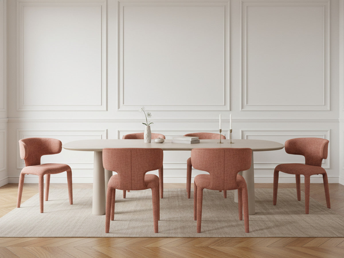 Sasha - Ensemble - Avec Table À Manger Ovale Beige + Chaises Mila Tissu Texturé - Lot De 6 Chaises