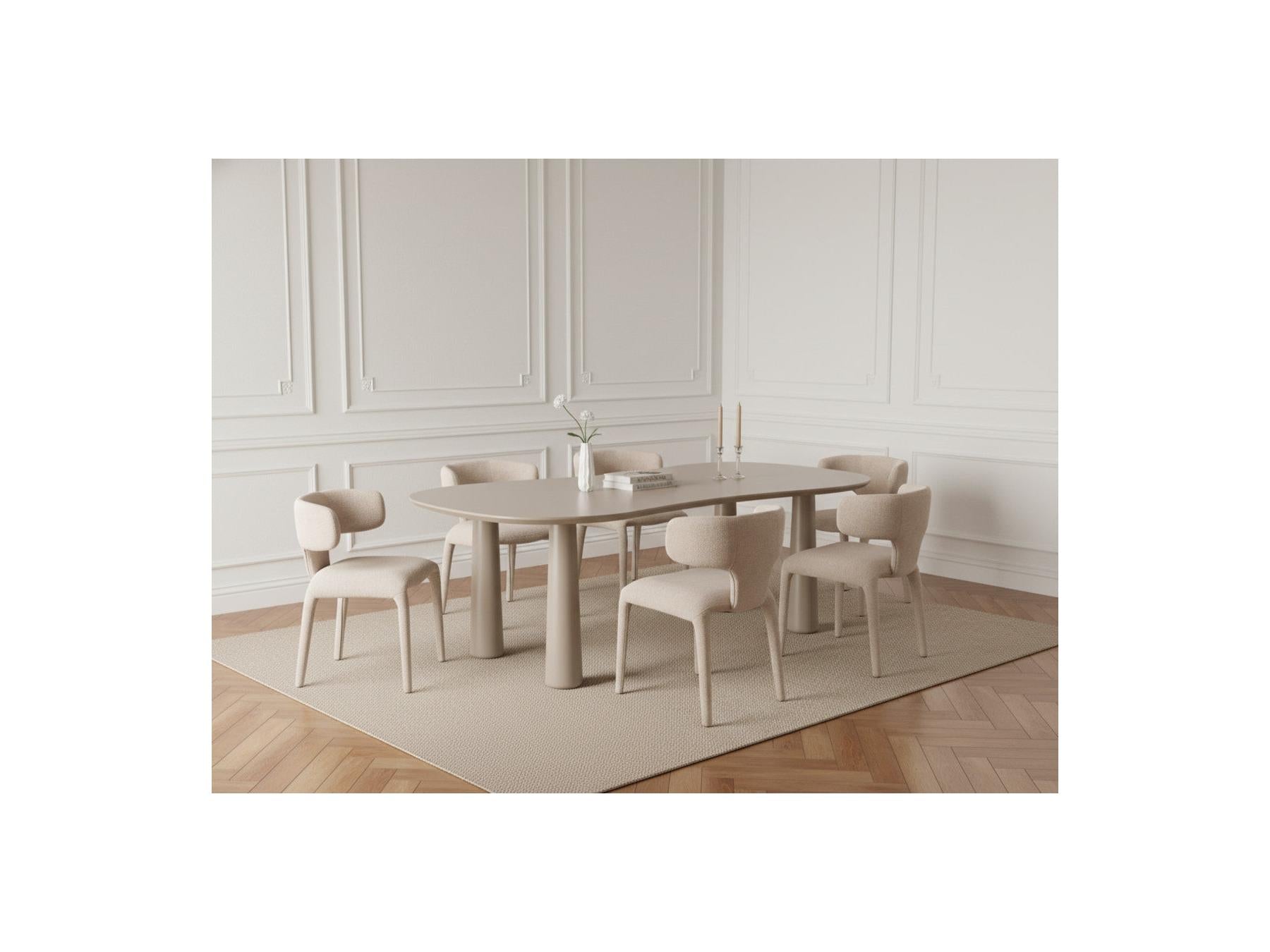 Sasha - Ensemble - Avec Table À Manger Ovale Beige + Chaises Mila Tissu Texturé - Lot De 6 Chaises
