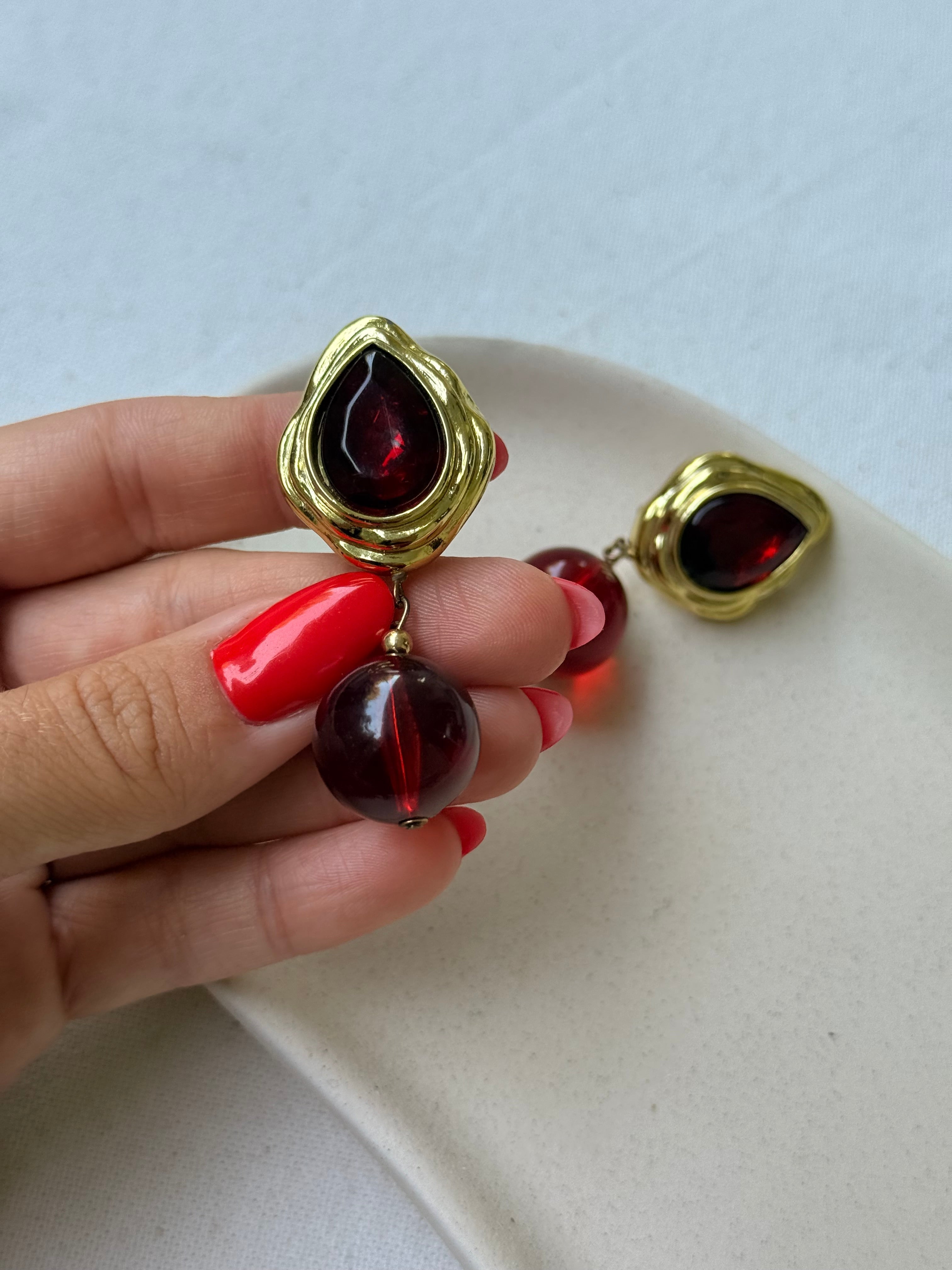 Boucles D’Oreilles Vintage - Gouttes Grenat