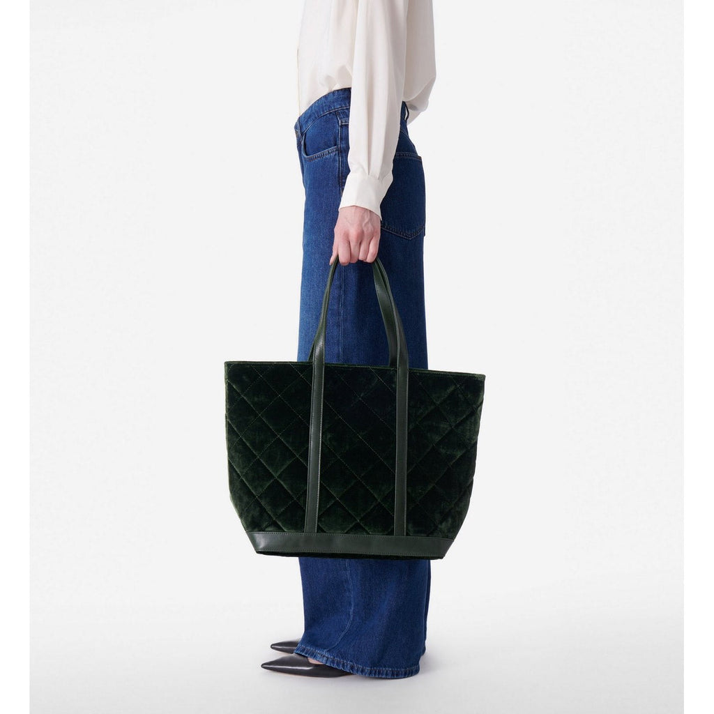 Large Quilted Velvet Tote - Green