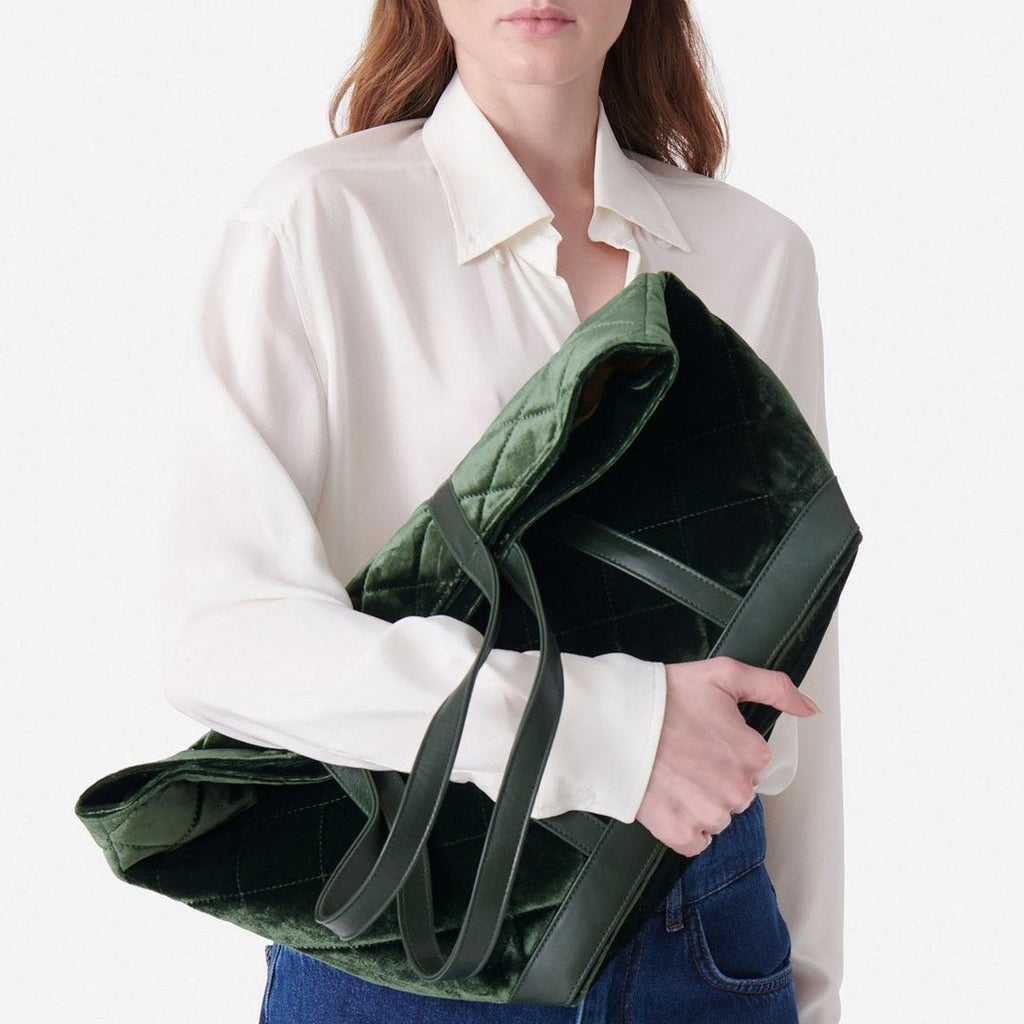 Large Quilted Velvet Tote - Green