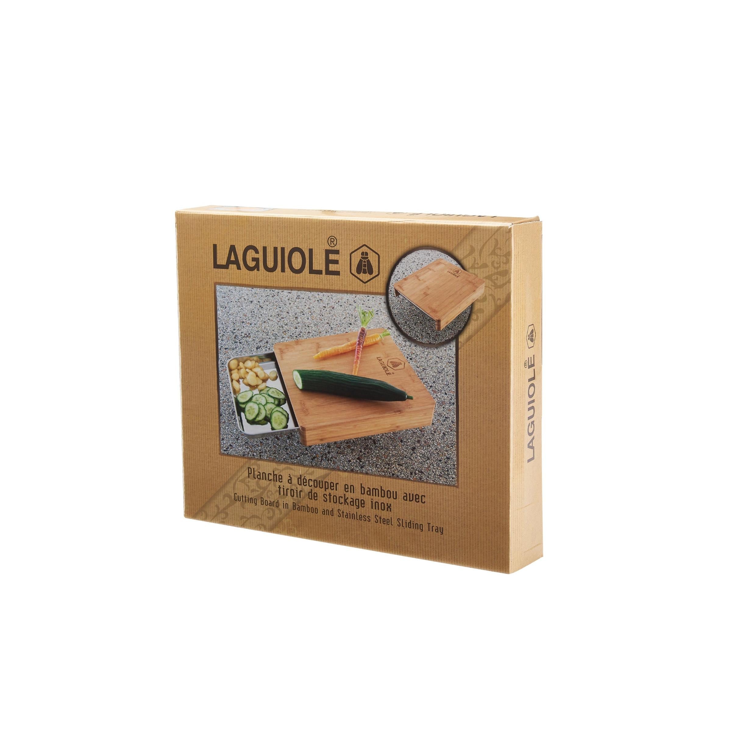 Bamboo Cutting Board with Storage Drawer - Stainless Steel