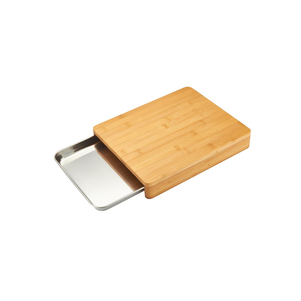 Bamboo Cutting Board with Storage Drawer - Stainless Steel